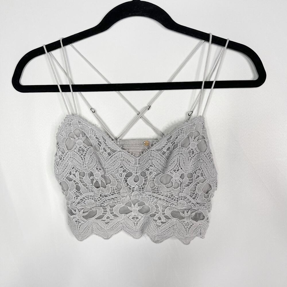 Free People One XSmall Gray Ilektra Bralette Lace Crochet Cropped Tank Straps